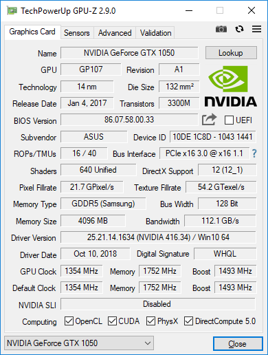 Свойства NVIDIA GeForce GTX 1050