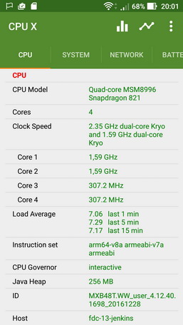 Информация утилиты CPU X о смартфоне Asus Zenfone 3 Deluxe (ZS570KL)
