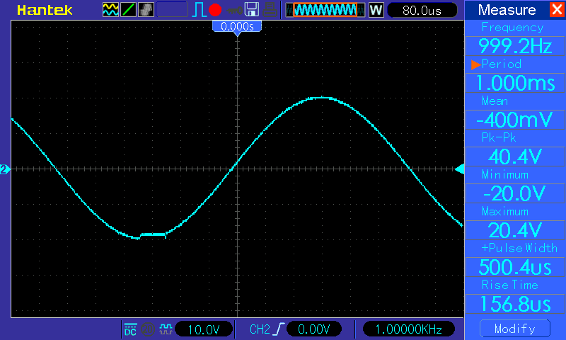 Осциллограмма (УНЧ класса AB на микросхеме LM3886), синус 1 кГц