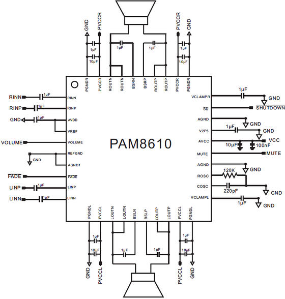 Типовая схема подключения PAM8610