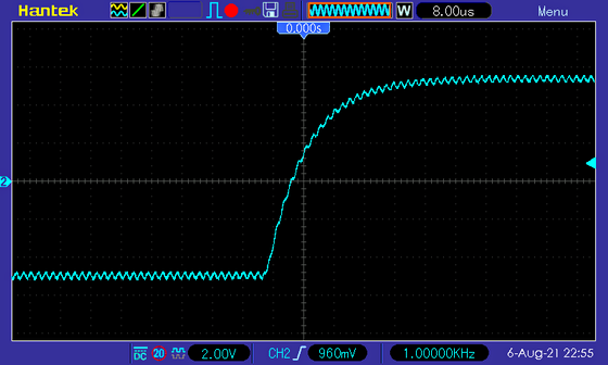 Осциллограмма напряжения на выходе усилителя D-класса PAM8610, фронт прямоугольника 1 кГц, 8 Ом, питание 12 В