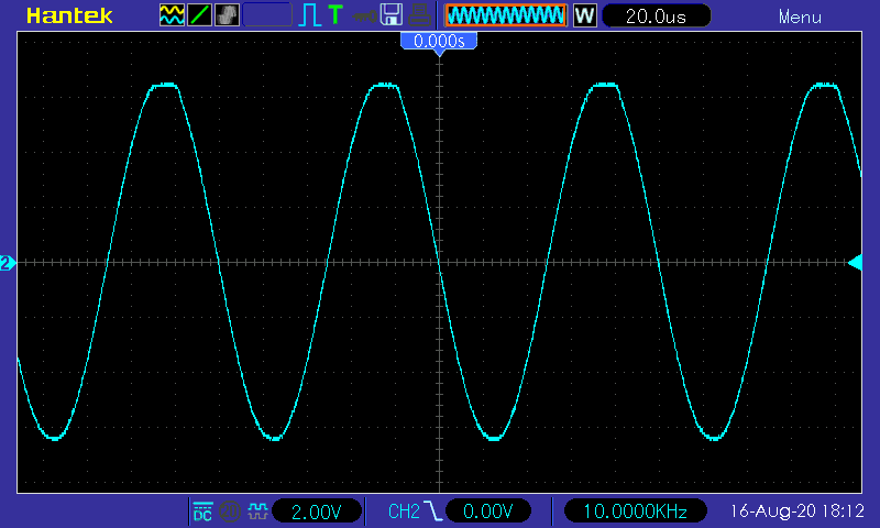Осциллограмма TDA2050 - синус 10 кГц, нагрузка 4 Ом, питание 20 В