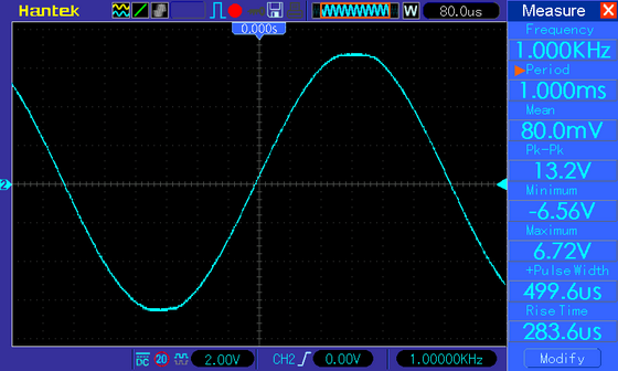 Осциллограмма (УНЧ класса AB на микросхеме TDA7297), синус 1 кГц, питание 9 В