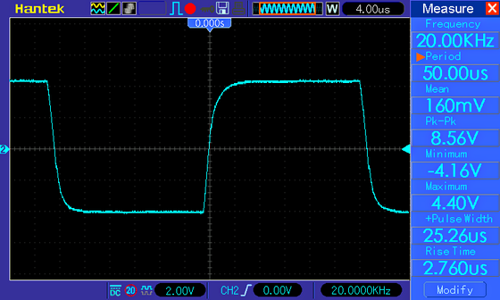 Усилитель низкой частоты на TDA7297 - проверка формы выходного сигнала, прямоугольник 20 кГц