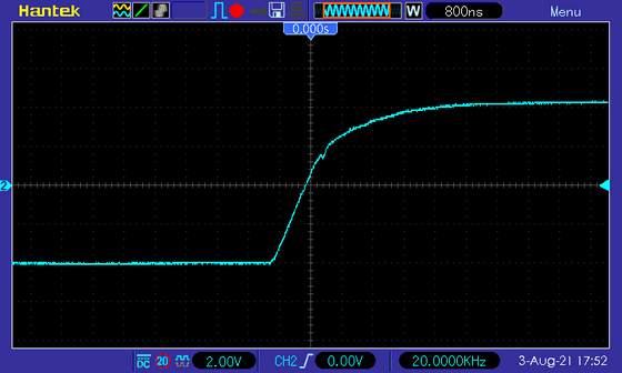 Усилитель низкой частоты на TDA7297 - проверка формы выходного сигнала, прямоугольник 20 кГц, передний фронт