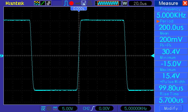 Осциллограмма TDA7377 - прямоугольник 5 кГц, нагрузка - 4 Ом