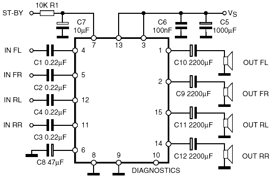 Подключение микросхемы TDA7379 с четырьмя независимыми каналами