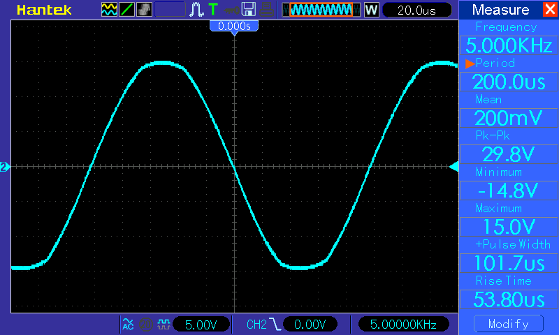 Осциллограмма TDA7850 - синус 5 кГц, нагрузка - 2 Ом