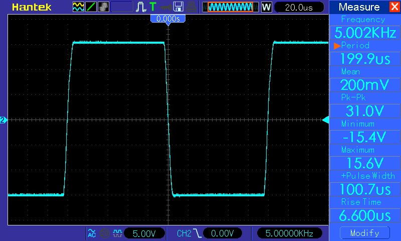 Осциллограмма TDA7850 - прямоугольник 5 кГц, нагрузка - 2 Ом