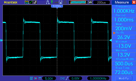 Осциллограмма TDA8932, прямоугольник 1 кГц, напряжение питания 12 В, амплитуда - максимальная (на грани клиппинга)