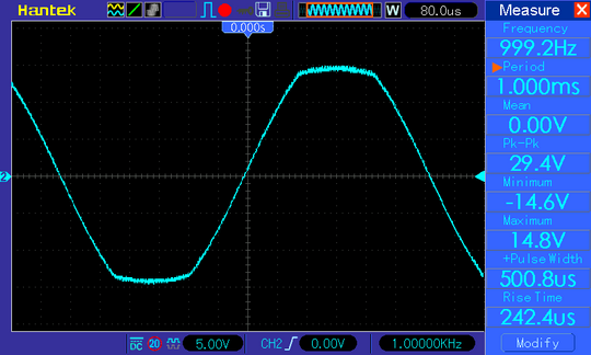 Осциллограмма (УМЗЧ класса D на микросхеме TPA3110), синус1 кГц, напряжение питания 26 В