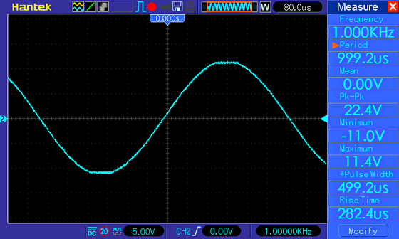 Осциллограмма TPA3118 (TPA3118D2) cинус 1 кГц, напряжение питания 12 В, амплитуда - максимальная (на грани клиппинга), нагрузка 8 Ом