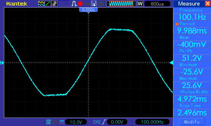 Осциллограмма (Усилитель мощности звука D-класса на микросхеме TPA3255D2), синус, 100 Гц