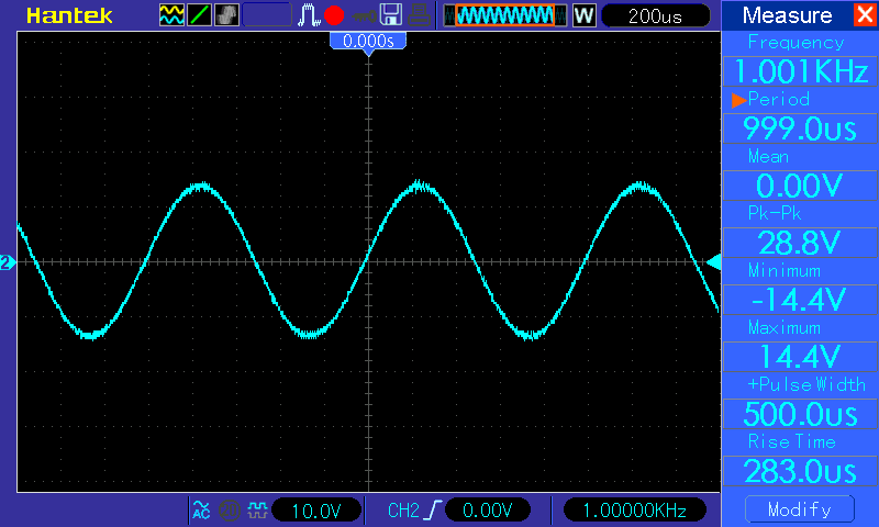 Осциллограмма (усилитель мощности звуковой частоты D-класса на микросхеме TPA3255) 1 кГц