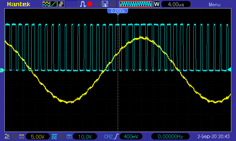 Осциллограмма (УНЧ D-класса на микросхеме TPA3255) 20 кГц, ШИМ и выход после фильтра