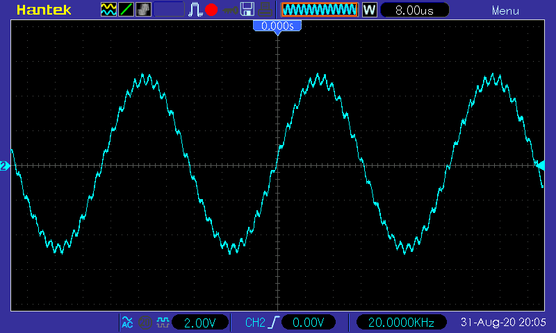 Осциллограмма (УНЧ D-класса на микросхеме TPA3255) синус 20 кГц
