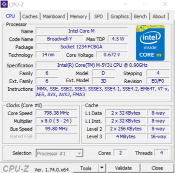 CPU-Z, Intel Core m, Broadwell-Y