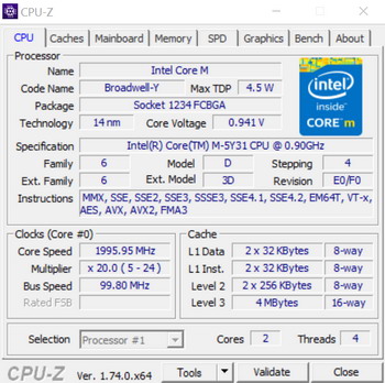 CPU-Z, Intel Core m, Broadwell-Y