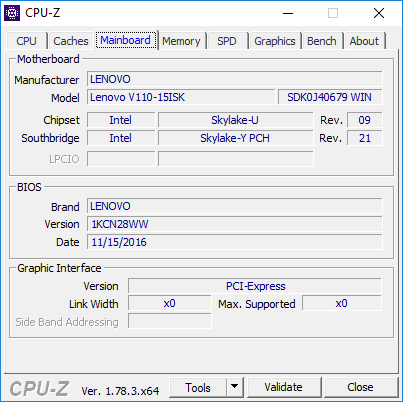 Утилита CPU-Z, данные материнской платы в ноутбуке Lenovo V100-15ISK