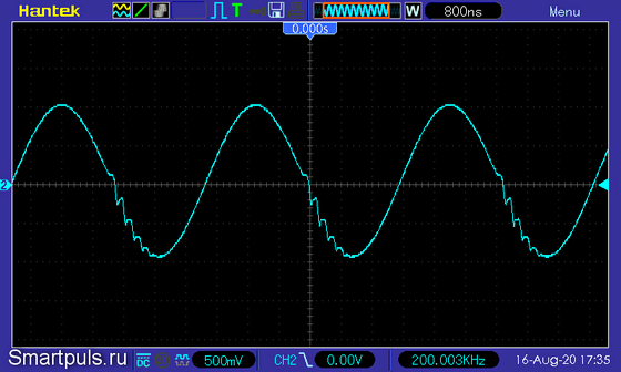 осциллограмма однокристалльного УНЧ TDA2050 на частоте 200 кГц (искажения)