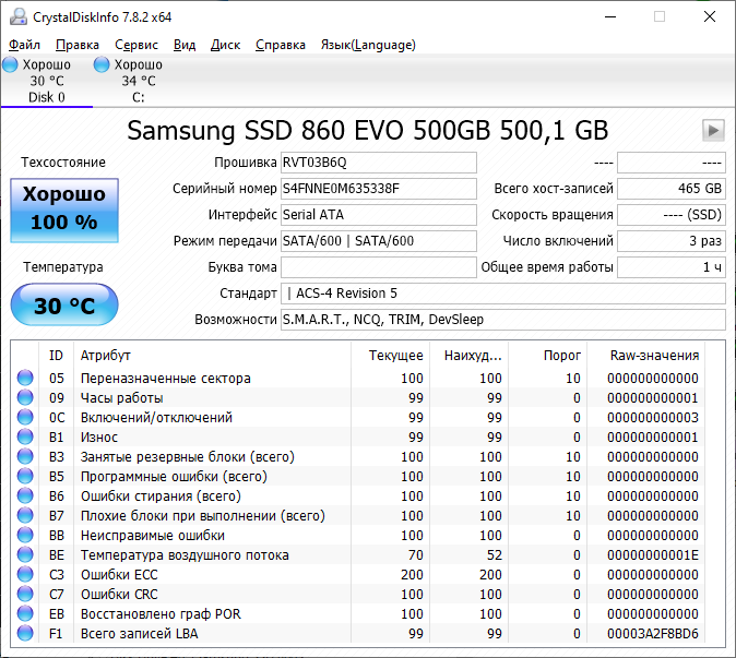 Smart-атрибуты твердотельного накопителя SSD Samsung 860 EVO MZ-76E500BW (500 ГБ)