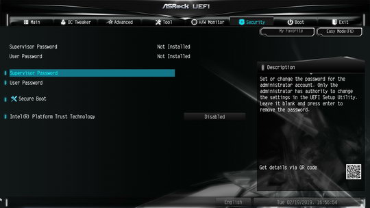 BIOS (UEFI) материнской платы ASRock Z370M-ITX/ac - раздел Security