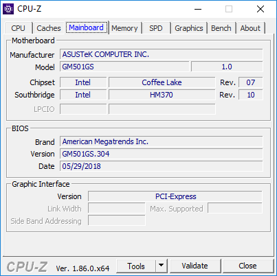 Утилита CPU-Z, данные процессора Intel Core i7-8750H в ноутбуке ASUS ROG Zephyrus M GM501GS