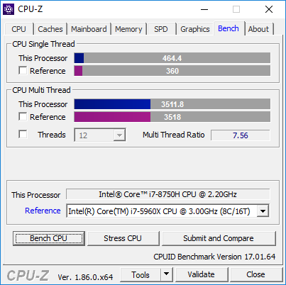Утилита CPU-Z, бенчмарк процессора Intel Core i7-8750H в ноутбуке ASUS ROG Zephyrus M GM501GS