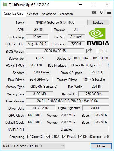Свойства NVIDIA GeForce 1070 GTX в ноутбуке ASUS ROG Zephyrus M GM501GS