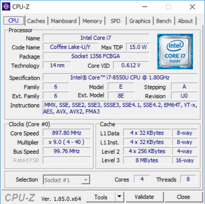 Утилита CPU-Z, данные процессора Intel Core i7-8550U в ноутбуке ASUS UX461UN