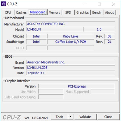 Утилита CPU-Z, данные материнской платы в ноутбуке ASUS UX461UN
