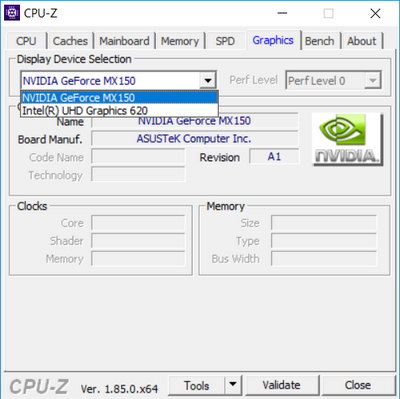 Утилита CPU-Z, данные графических процессоров в ноутбуке ASUS UX461UN