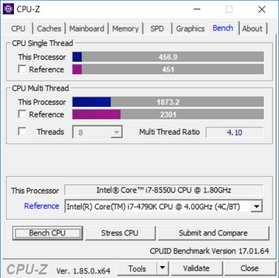 Утилита CPU-Z, бенчмарк процессора Intel Core i7-8550U в ноутбуке ASUS UX461UN
