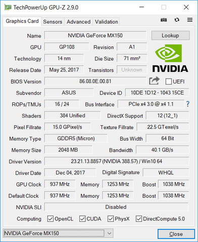 Свойства NVIDIA GeForce MX150