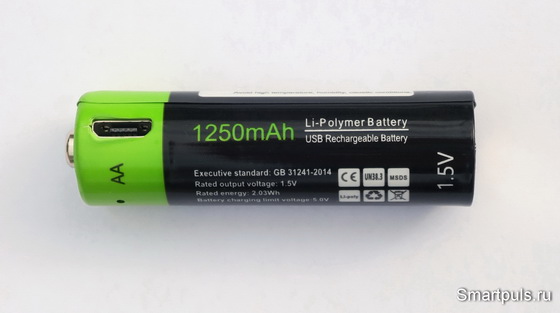 Li-ion 1.5 В аккумулятор формата AA Znter, разъём микро-USB для зарядки