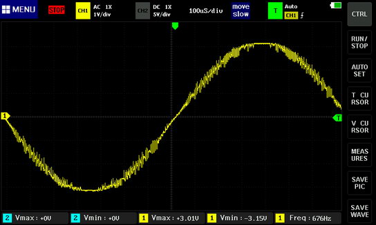 осциллограмма выхода bluetooth модуля MH-M38 при уровне сигнала на грани начала клиппинга, питание 3.7 В, нагрузка 4 Ом