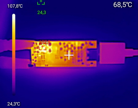 Тепловой снимок платы быстрой зарядки на основе SW3518 (вид со стороны элементов)