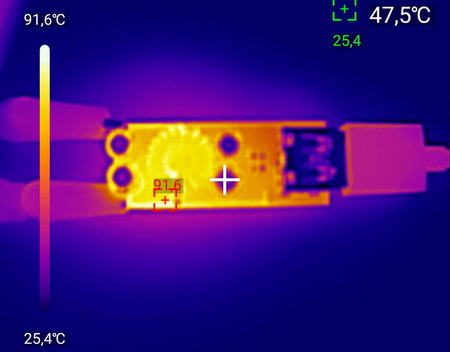 Тепловой снимок платы быстрой зарядки на основе SW3518P (вид со стороны индуктивности)