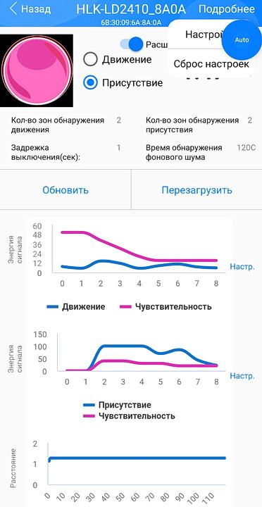Приложение для настройки датчиков присутствия HiLink - главная страница устройства