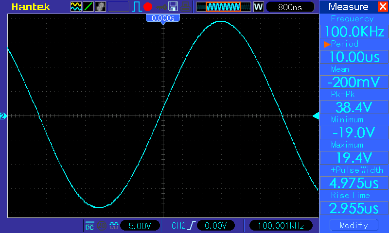 Осциллограмма (УНЧ класса AB на микросхеме LM3886), синус 100 кГц