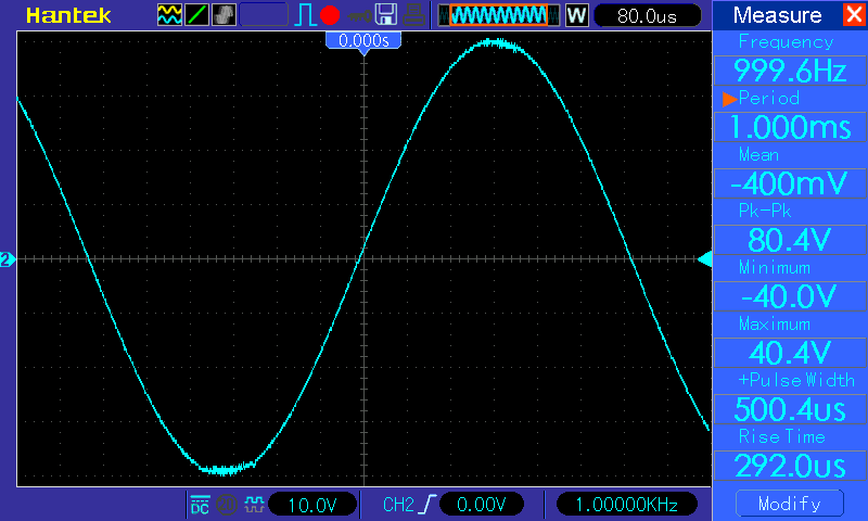 Осциллограмма (УНЧ класса AB на микросхеме LM3886TF), синус 1 кГц