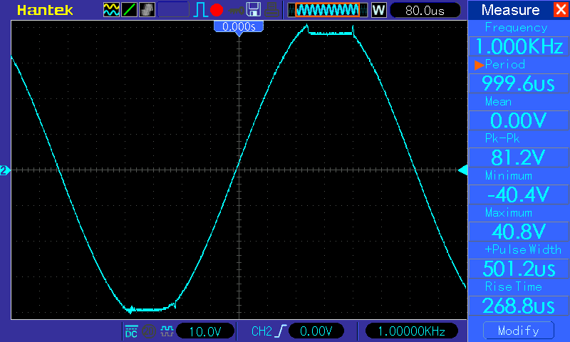 Осциллограмма (УНЧ класса AB на микросхеме LM3886), синус 1 кГц