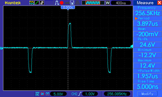 Осциллограмма напряжения на выходе усилителя D-класса PAM8610 (сигнала нет)