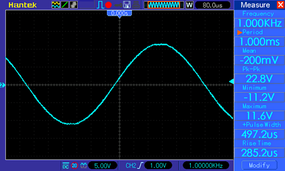 Осциллограмма напряжения на выходе усилителя D-класса PAM8610, синус 1 кГц, 8 Ом, питание 12 В
