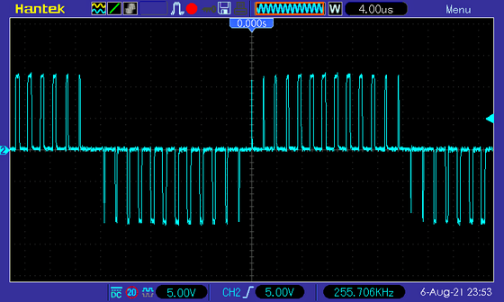 Осциллограмма напряжения на выходе усилителя D-класса PAM8610, синус 20 кГц, без фильтра