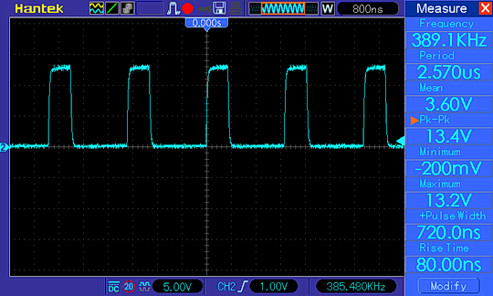 Напряжение на точке соединения дросселя с чипом IP5328 в режиме нагрузки 12 В / 1.5 А