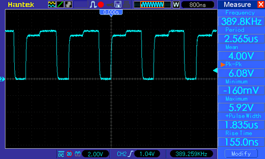 Напряжение на точке соединения дросселя с чипом IP5328 в режиме нагрузки 5 В / 1 А