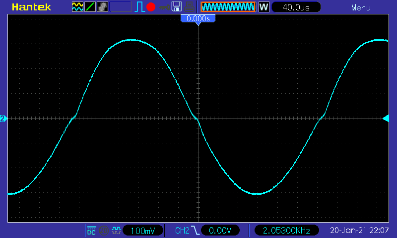 Осциллограмма TDA2822, напряжение питания 2 В, синус 2 кГц, нагрузка 4 Ом