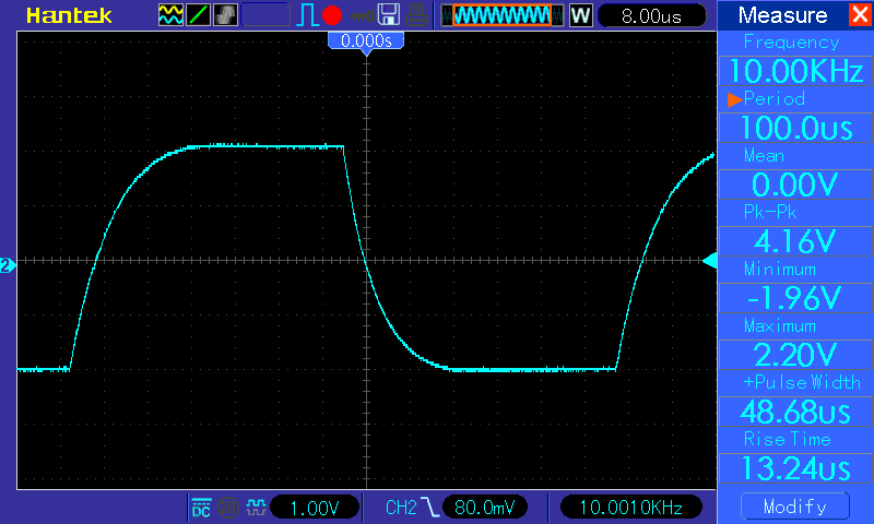 Осциллограмма TDA2822M, напряжение питания 6 В, прямоугольник 10 кГц, нагрузка 8 Ом