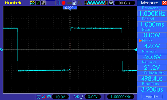 Осциллограмма (УНЧ класса AB на микросхеме TDA7265), прямоугольник 1 кГц, нагрузка 8 Ом